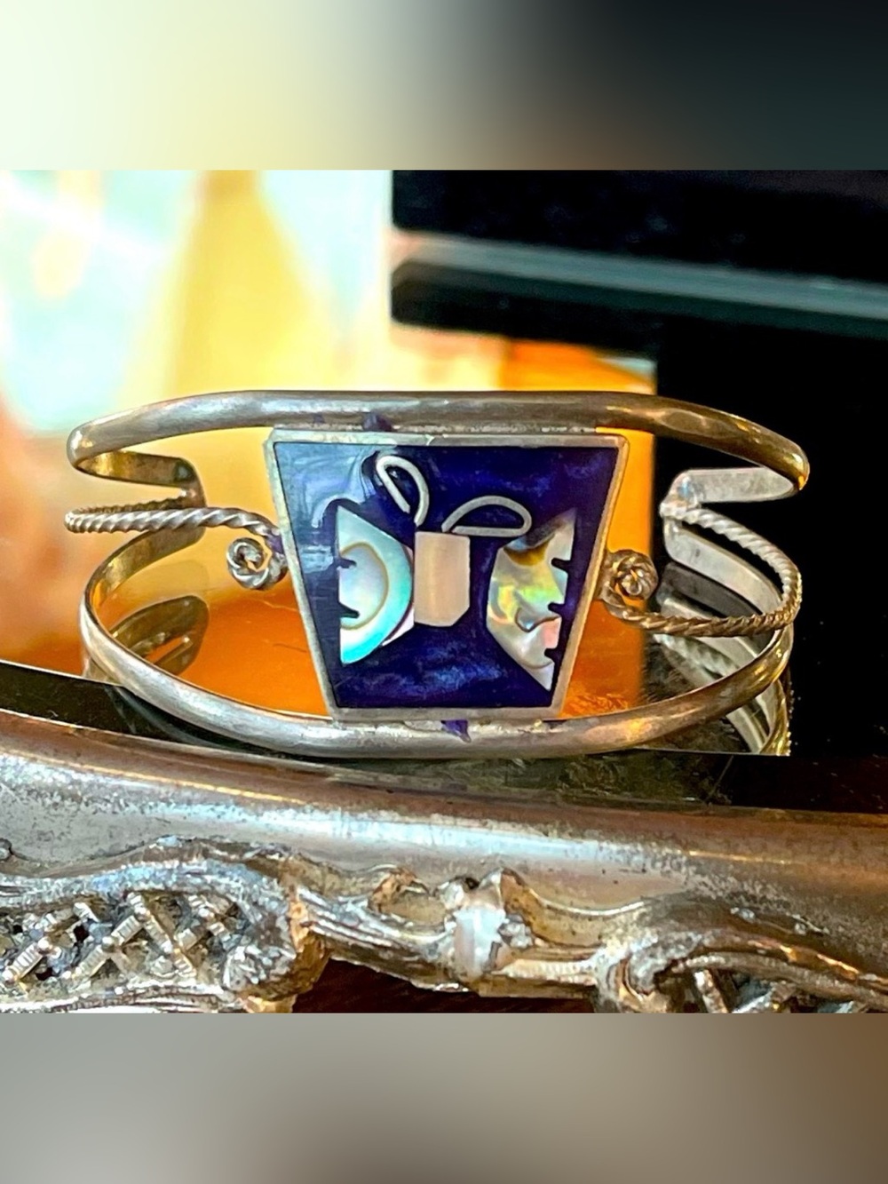 Vintage Signed Alpaca Mexico Enamel & Abalone Openwork Cuff Bracelet